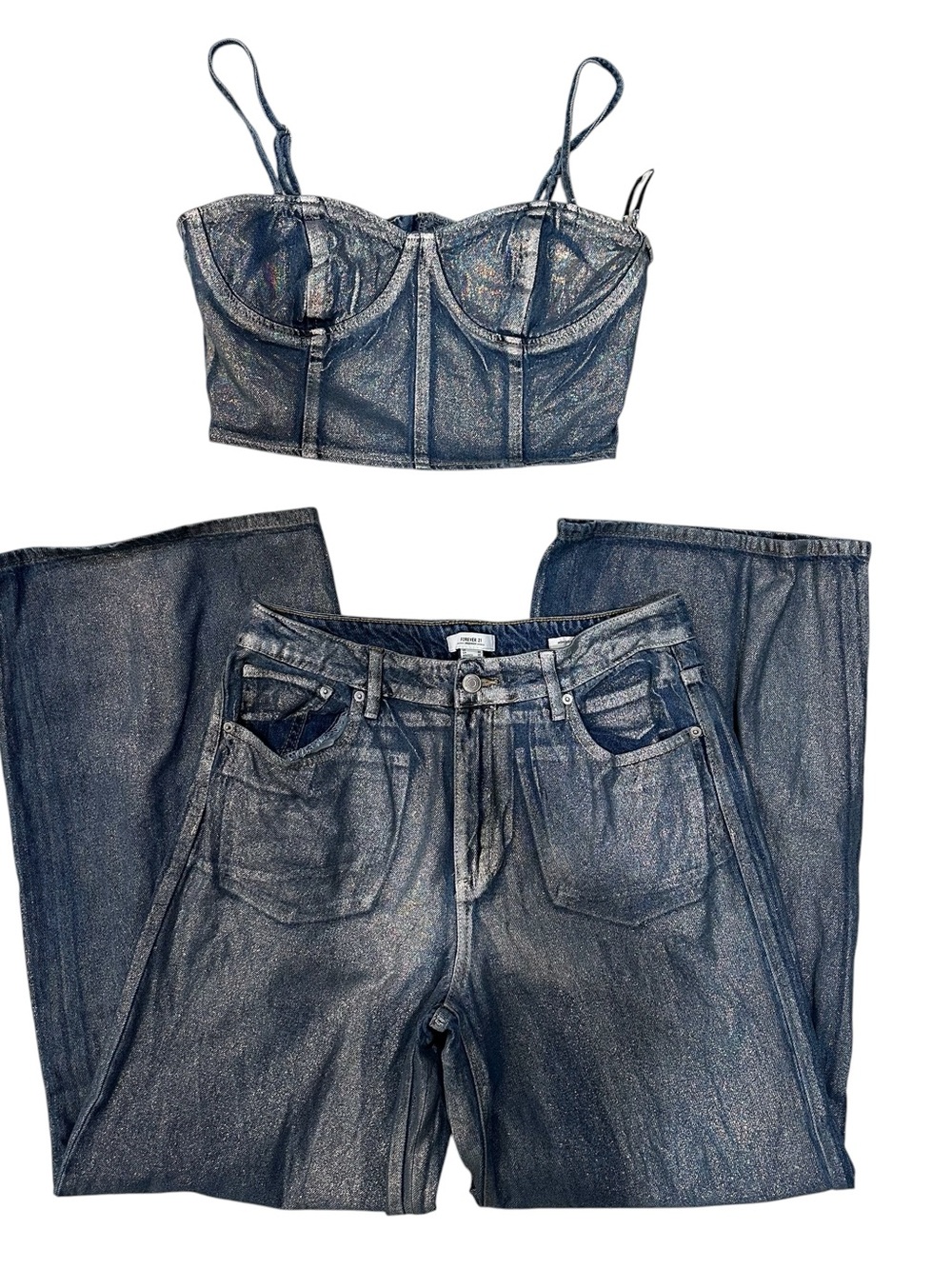 forever 21 metallic blue bustier top with wide leg denim set